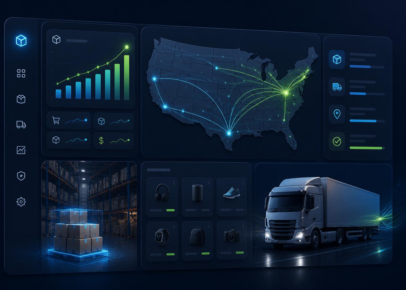 SwiftDrift BD warehouse dashboard showing US shipping routes, live order analytics, and same-day fulfillment